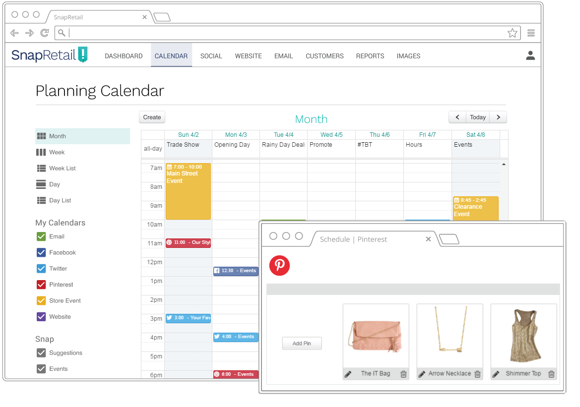 Schedule Pins on Pinterest with SnapRetail's drag-and-drop marketing calendar