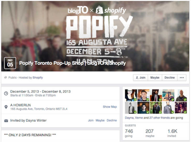 Example Facebook Event Shopify Pop Up Store