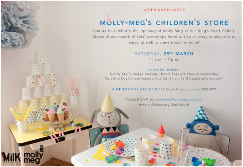 Molly Meg Pop Up Store announcing kids’ workshops and other activities.