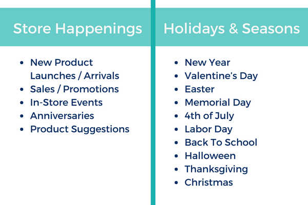 Store Happenings & Holidays and Seasons